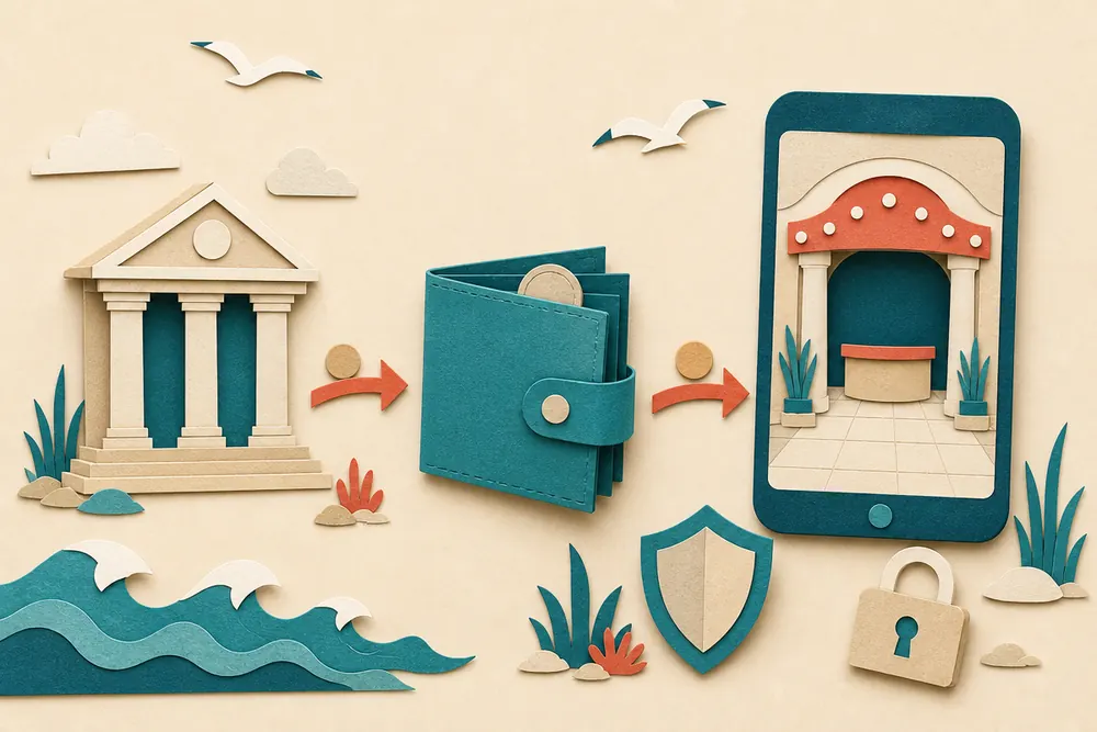 A small coin travelling by paper arrow from a bank through a wallet into a game lobby