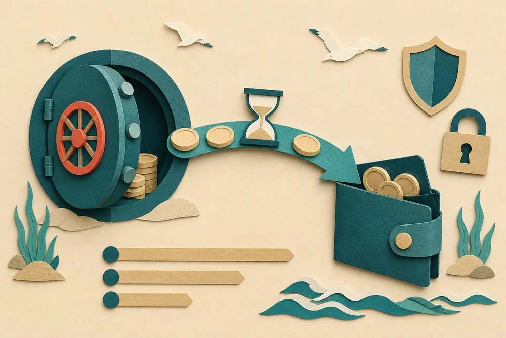 Paper vault sending coins along an arrow into a wallet, an hourglass resting on the arrow