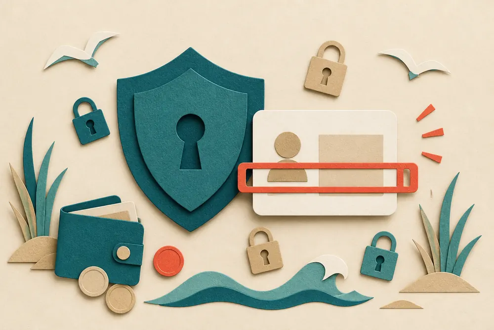 A paper shield with a keyhole beside a blank ID card being scanned